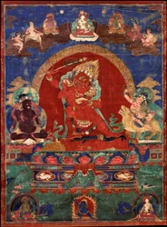Yamari rouge flanqué de Virupa et Dombi Heruka